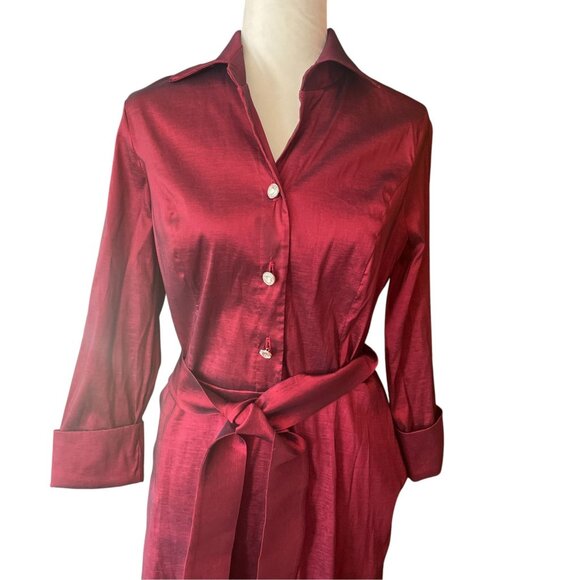 Boston Proper Maroon Red Button Up Shirt Midi Dress Taffeta SZ 12 - Picture 4 of 8